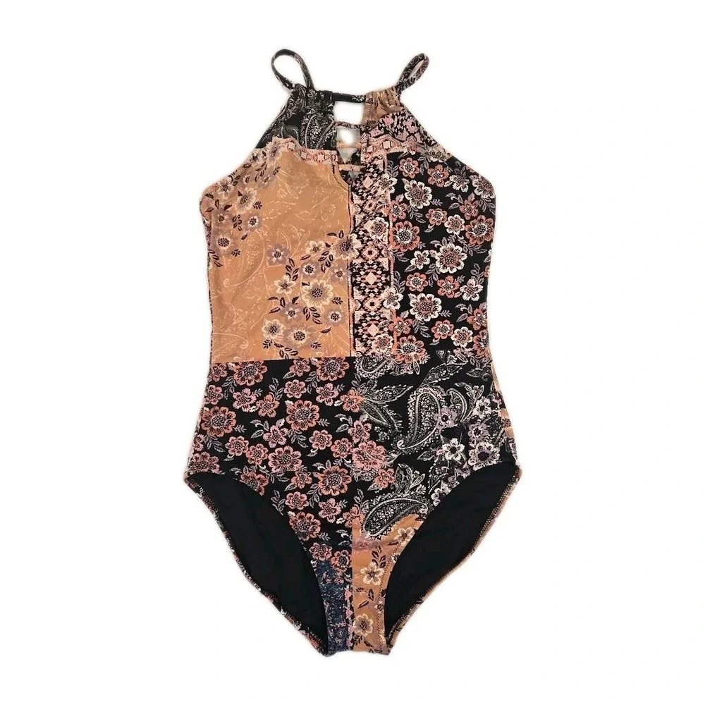 Garnet Hill Signature‎ High-Neck Lattice One-Piece Swimsuit Size 8 Patchwork